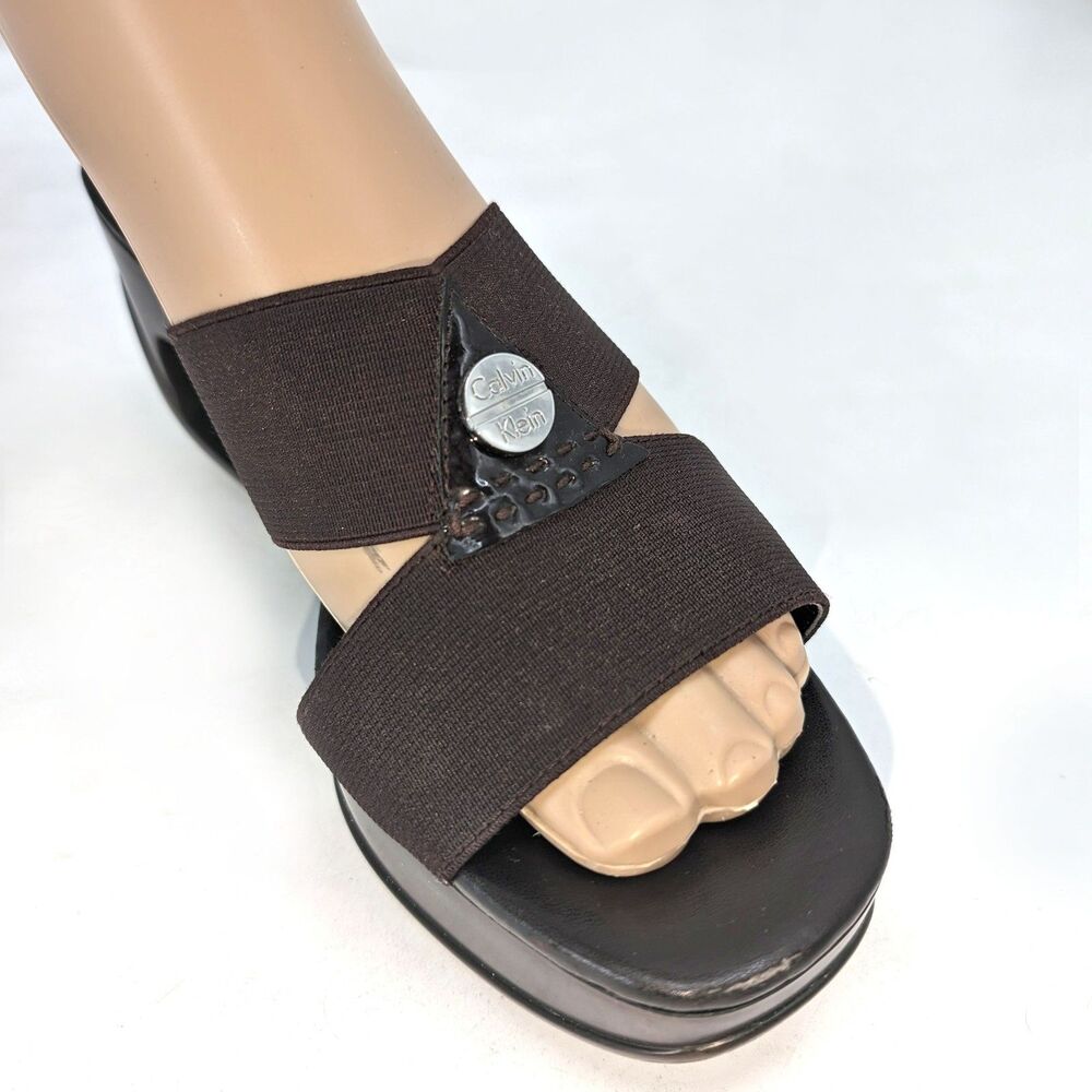 Vintage 1990s y2k Calvin Klein Leather Sandals Brown Logo Wedge Size 7